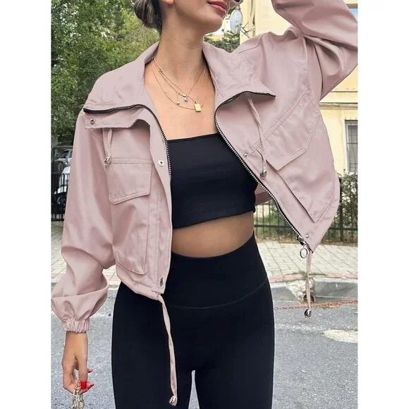 Womens Pink Tankaneo Cropped Jacket Zip Up Oversized Utility Anorak Coat - Picture 3 of 4
